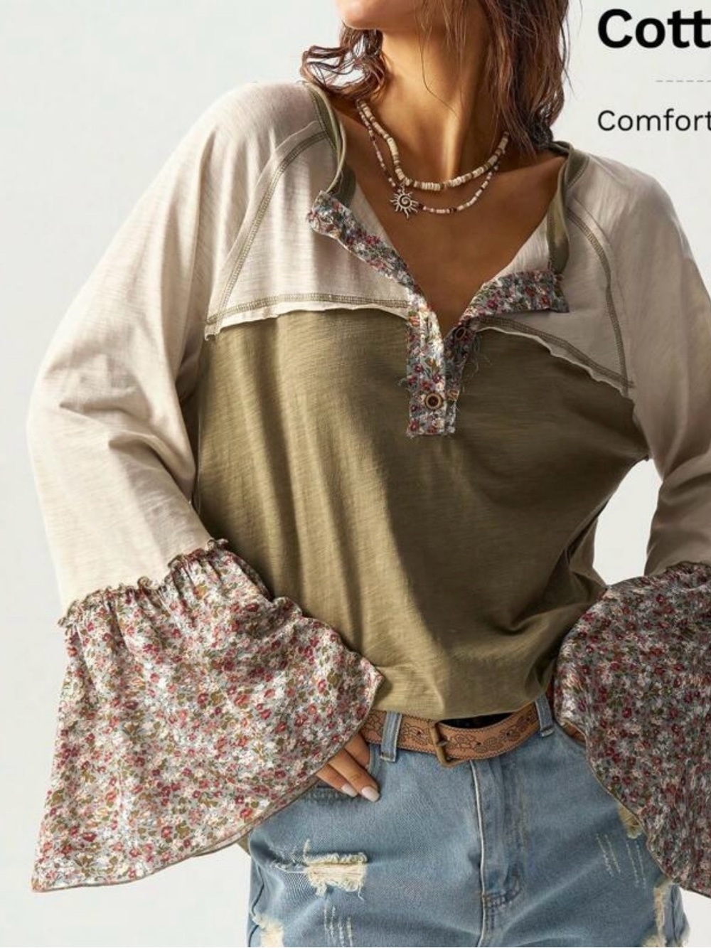 Floral Trim Olive & Cream Henley Sleeve Top